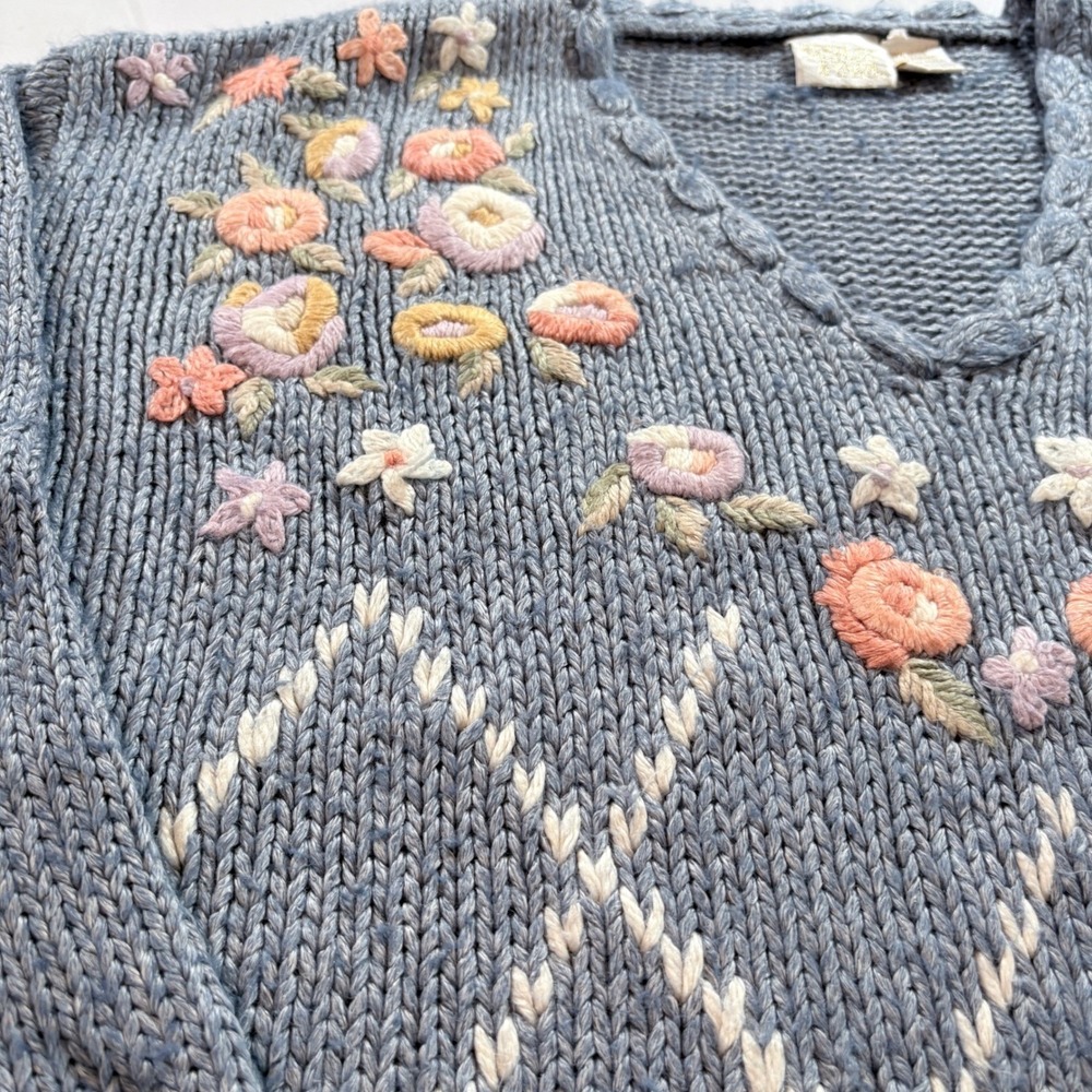 Needles & Yarn Vintage Blue‎ Floral Embroidered Argyle Knit V-Neck Sweater M